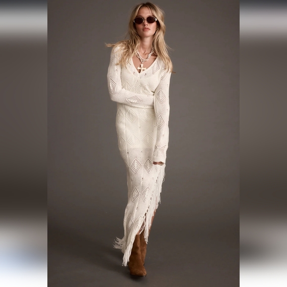 White Asymmetrical Knit Long Sleeve Maxi Dress - Picture 4 of 6